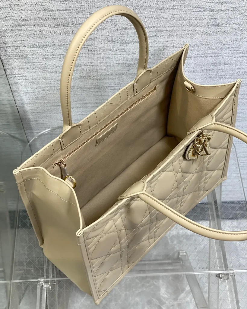Taupe Geometric Quilted Tote — interior view