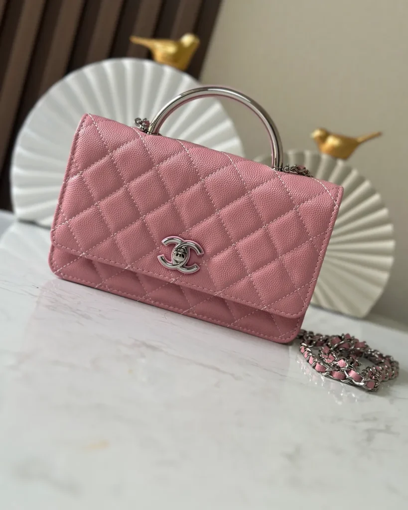 Rose Pink Quilted Top-Handle Chain Wallet — front view