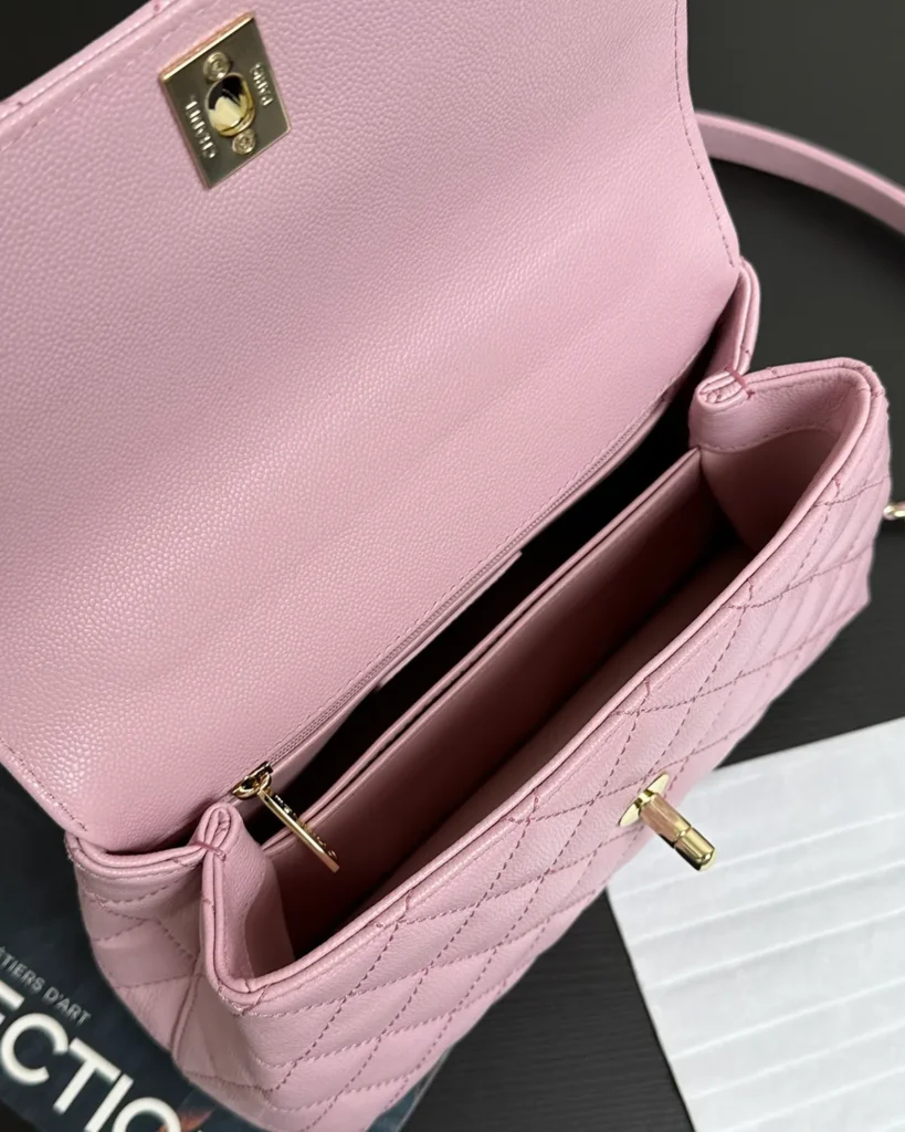 Light Pink Quilted Top-Handle Flap Bag — interior view