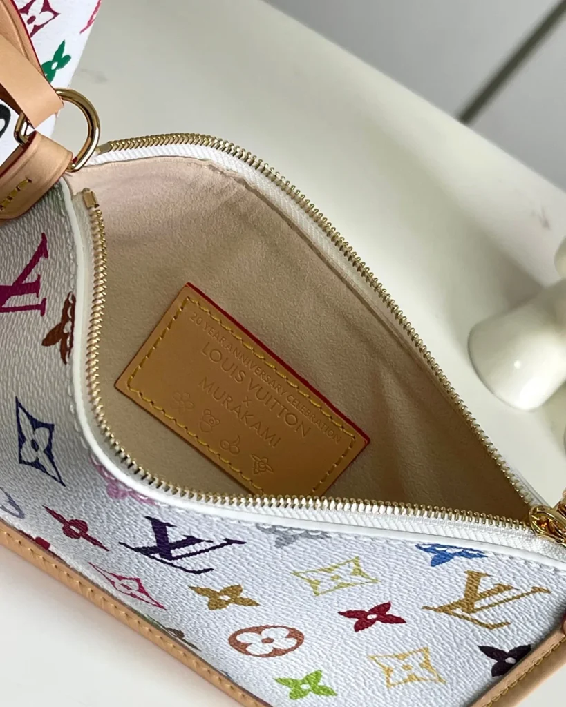 White Multicolor Monogram Bow Shoulder Bag — pouch interior view