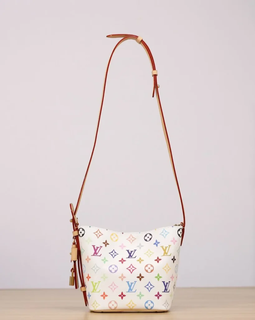 White Multicolor Monogram Bucket Bag — extended strap view