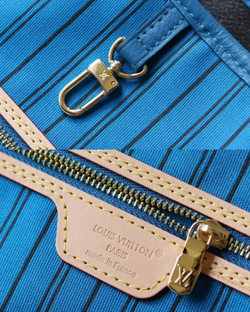 Blue Striped Reversible Monogram Tote — zipper view