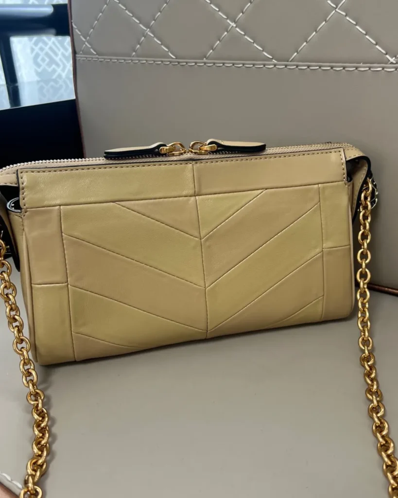 Beige Chevron Zip-Top Chain Bag — rear view