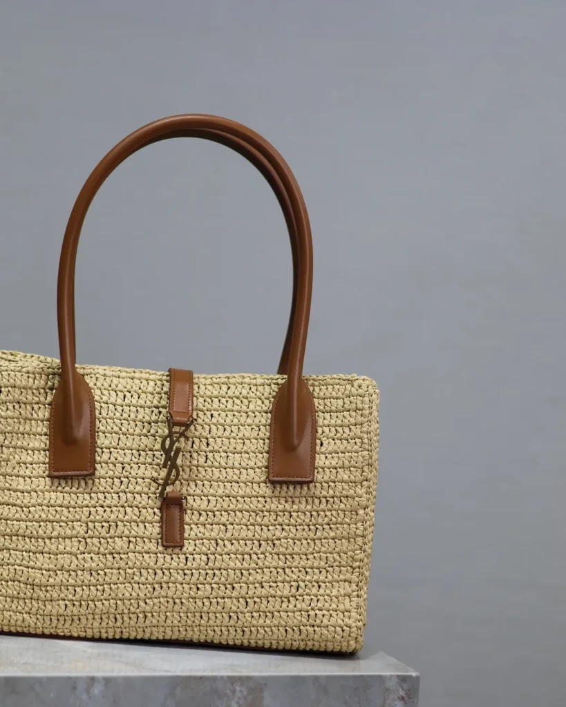 Natural-Tone Woven Tote with Brown Handles — front detail view
