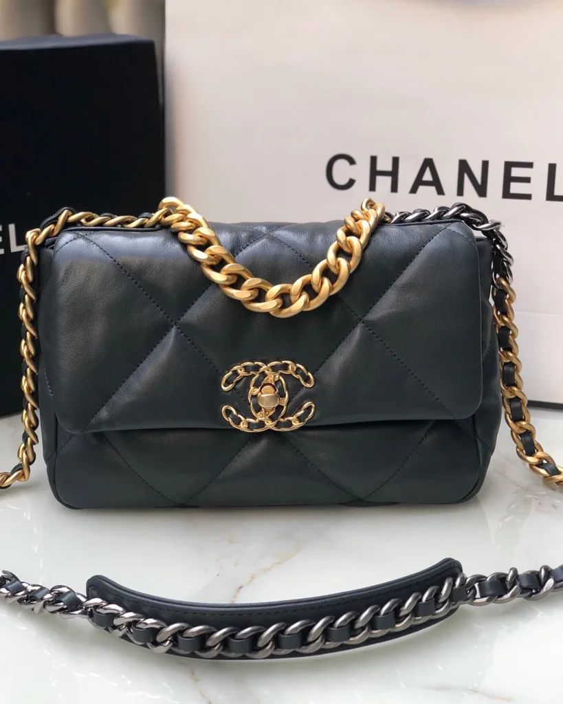 Black Quilted Mixed-Chain Flap Bag — front view