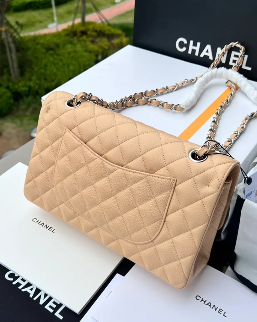 Beige Quilted Chain Flap Bag — rear view