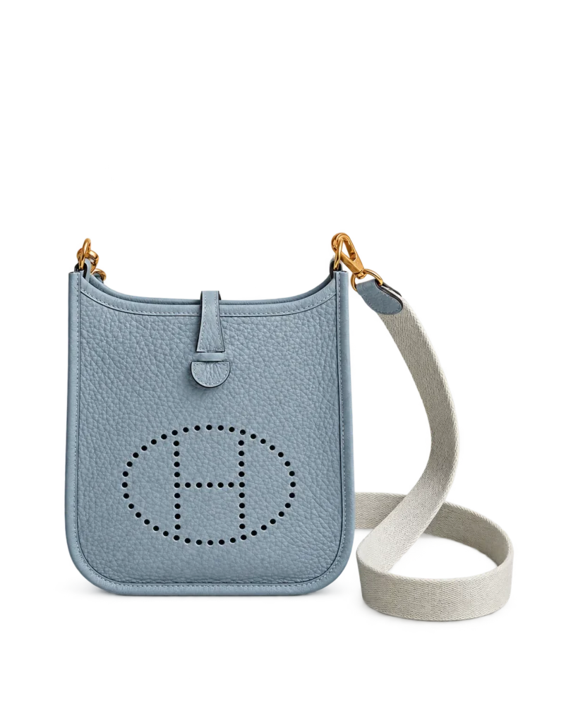 Evelyne-Inspired Mini Flax Blue Crossbody Bag, front with extended woven strap