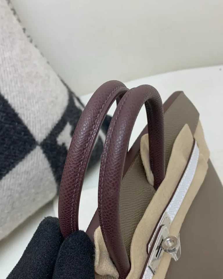 Taupe Burgundy White Top-Handle Bag — handles view