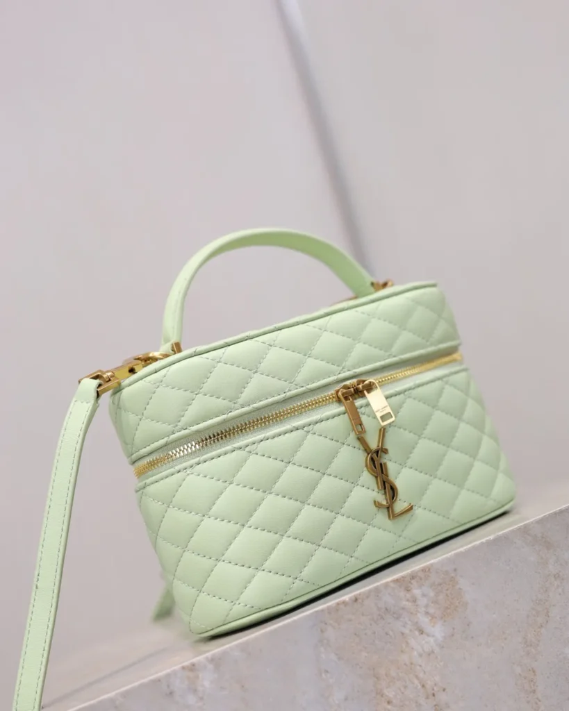 Pale Green Quilted Vanity Bag — three quarter view