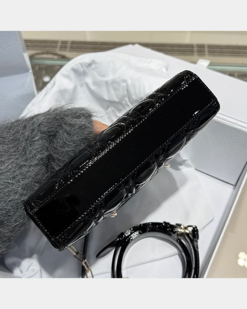 Glossy Black Horizontal Quilted Handbag — base view
