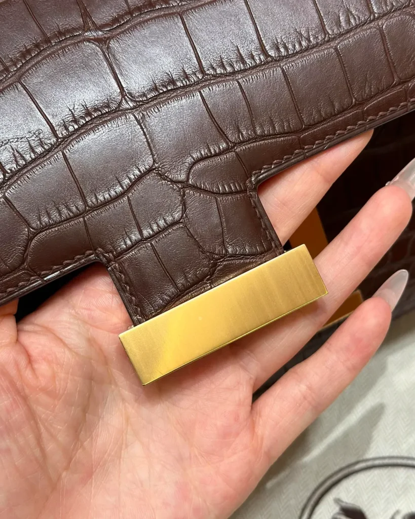 Close-up of rectangular gold-tone clasp plate beneath the brown flap
