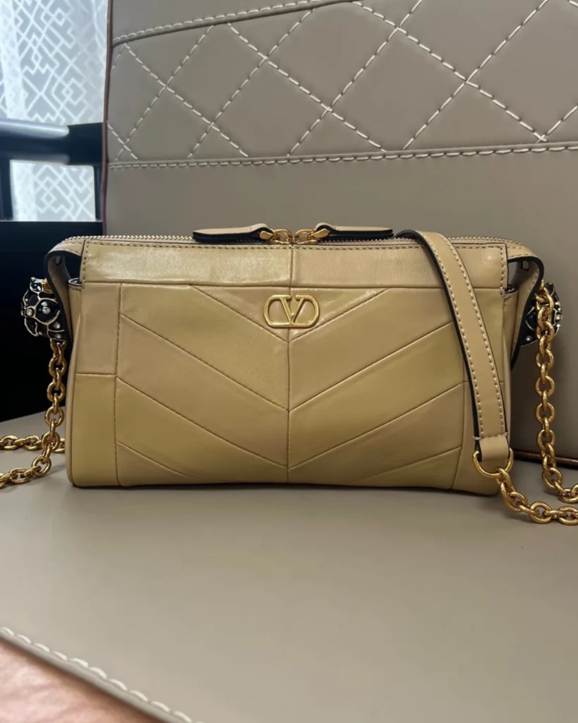 Beige Chevron Zip-Top Chain Bag — front view