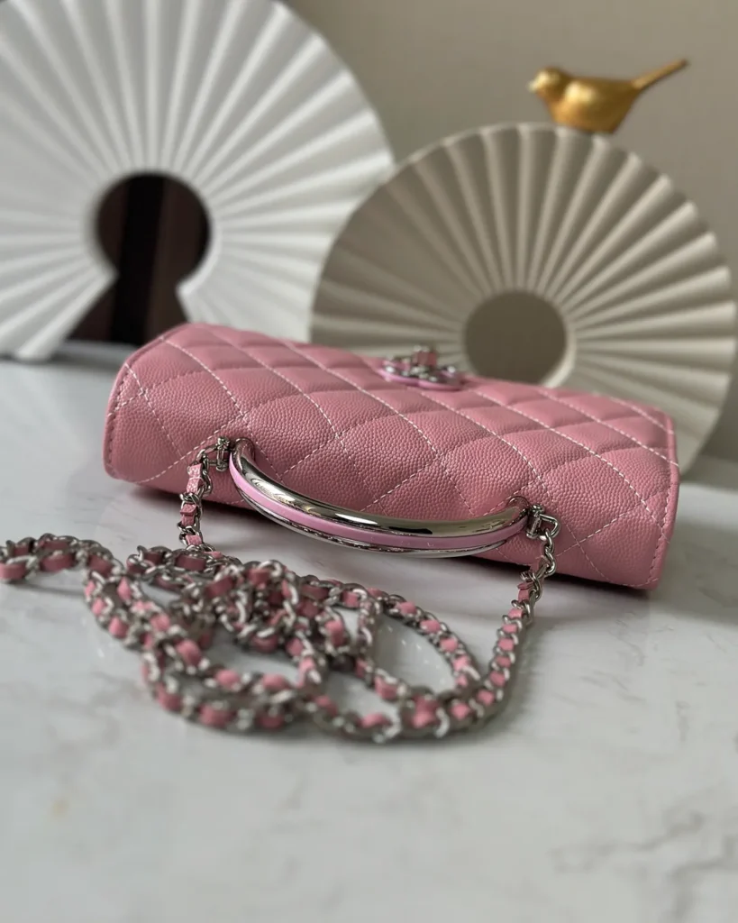 Rose Pink Quilted Top-Handle Chain Wallet — top view