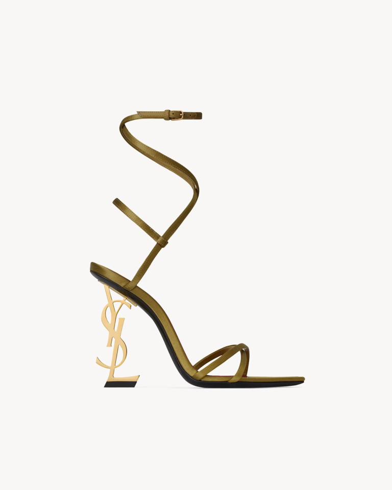 Olive Satin-Style Crisscross Sandals with Gold-Tone Cassandre-Style Heel