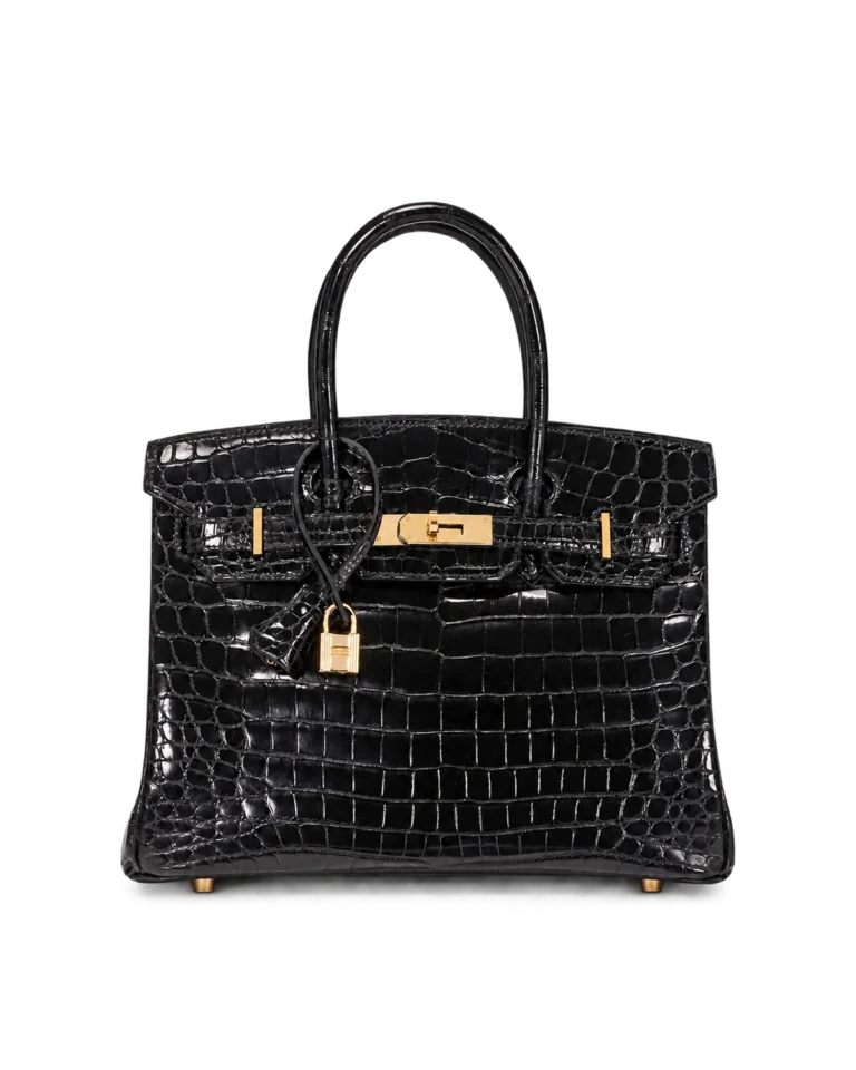 Upright front view of a glossy black scale-texture twin-handle bag with gold-tone hardware and a padlock