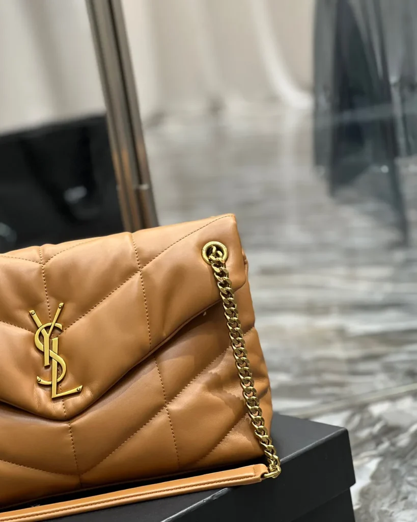 Caramel Quilted Chain Shoulder Bag — flap detail view