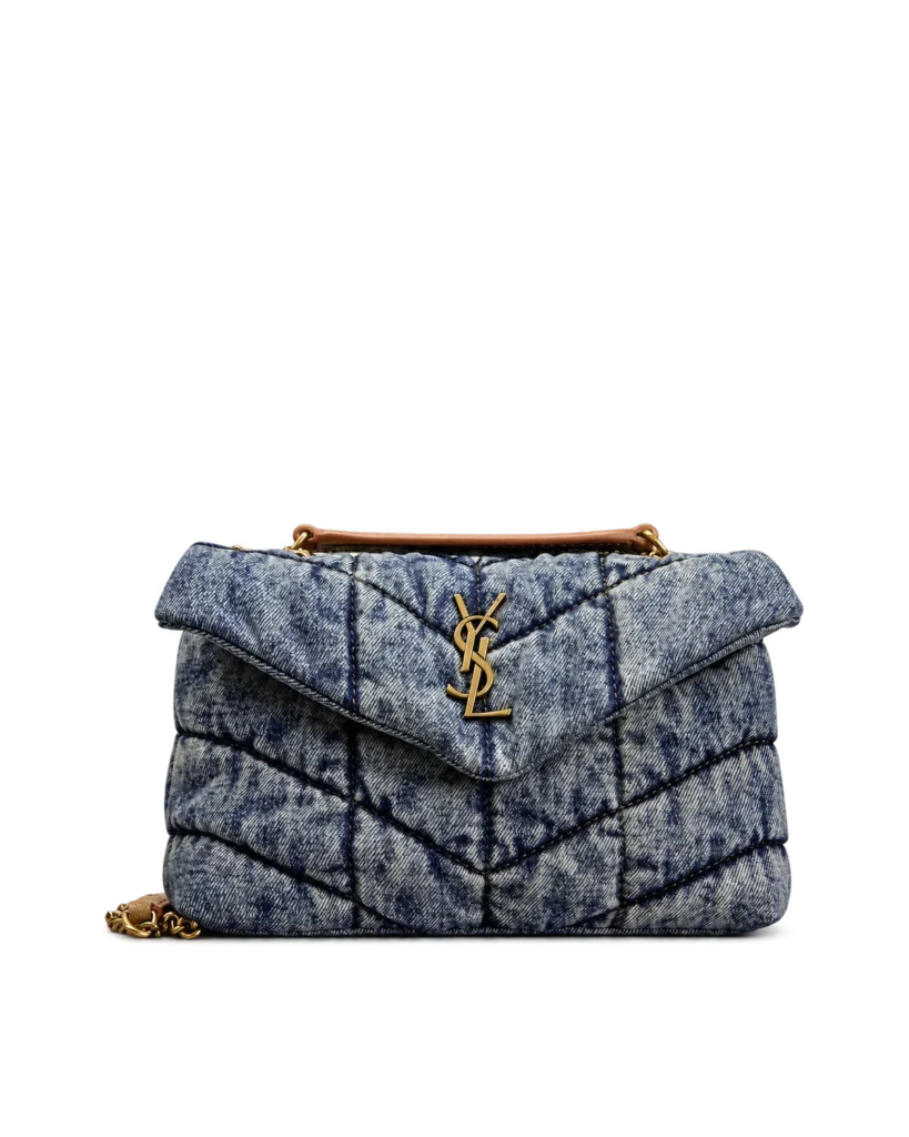 Washed-Blue Quilted Flap Bag — front on plinth view