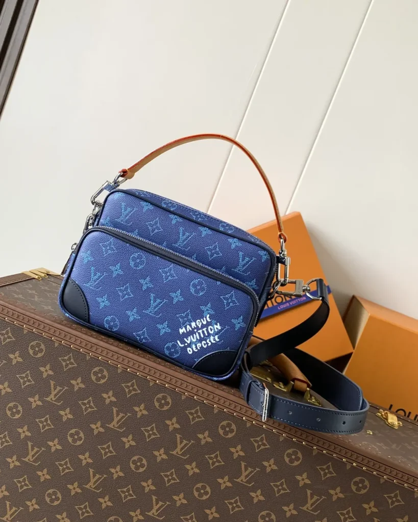 Blue Monogram Dual Zip Camera Bag — front view