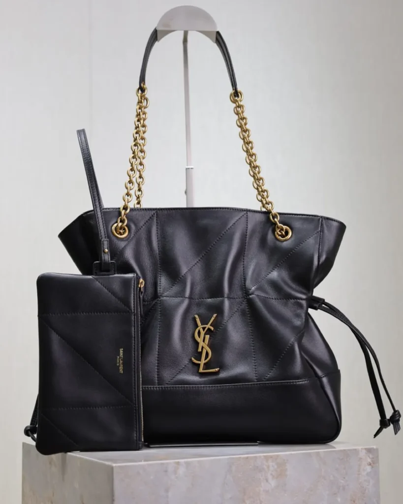 Black Geometric Side-Tie Shopper — front with pouch view