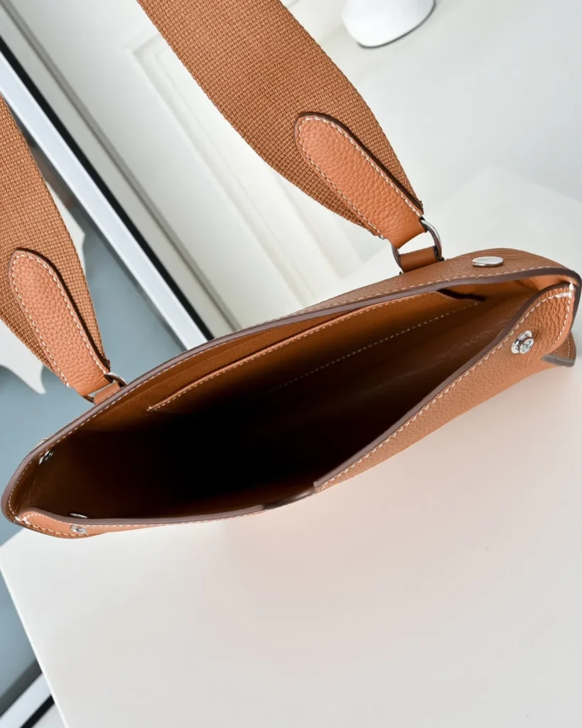 Videpoches-Inspired Tan Structured Crossbody Pouch, open interior