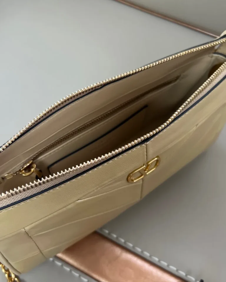 Beige Chevron Zip-Top Chain Bag — interior view