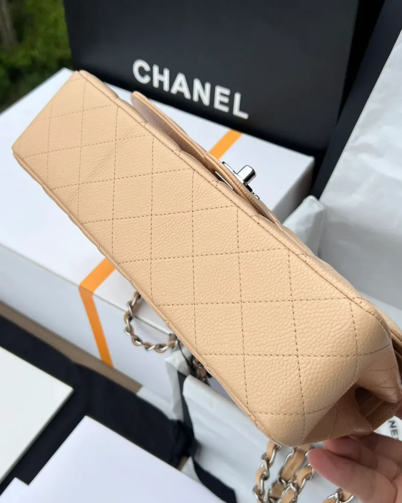 Beige Quilted Chain Flap Bag — base view