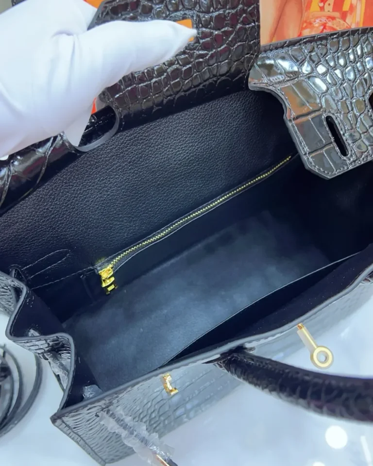 Black Glossy Scale-Texture Top-Handle Bag — interior view