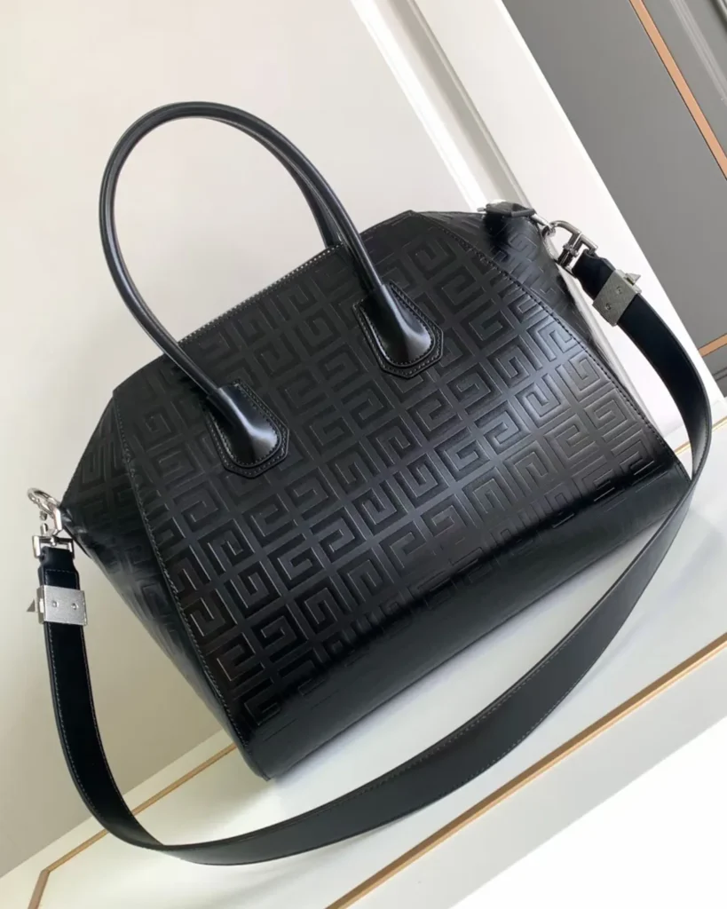 Black Geometric Embossed Twin-Handle Satchel — rear