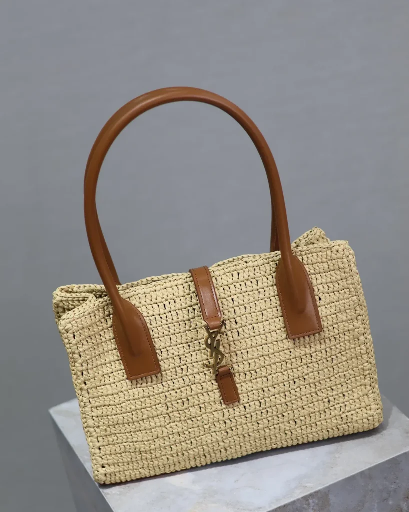 Natural-Tone Woven Tote with Brown Handles — three quarter view