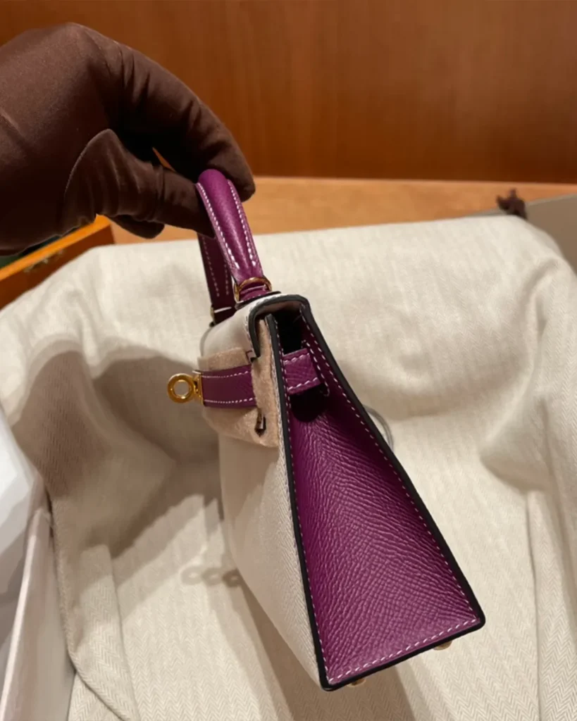 Kelly-Inspired 25 Craie and Rose Pourpre Bag, side view