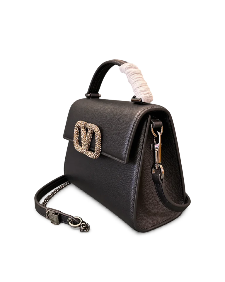 Dark Brown Embellished Emblem Top-Handle Bag — angled front view