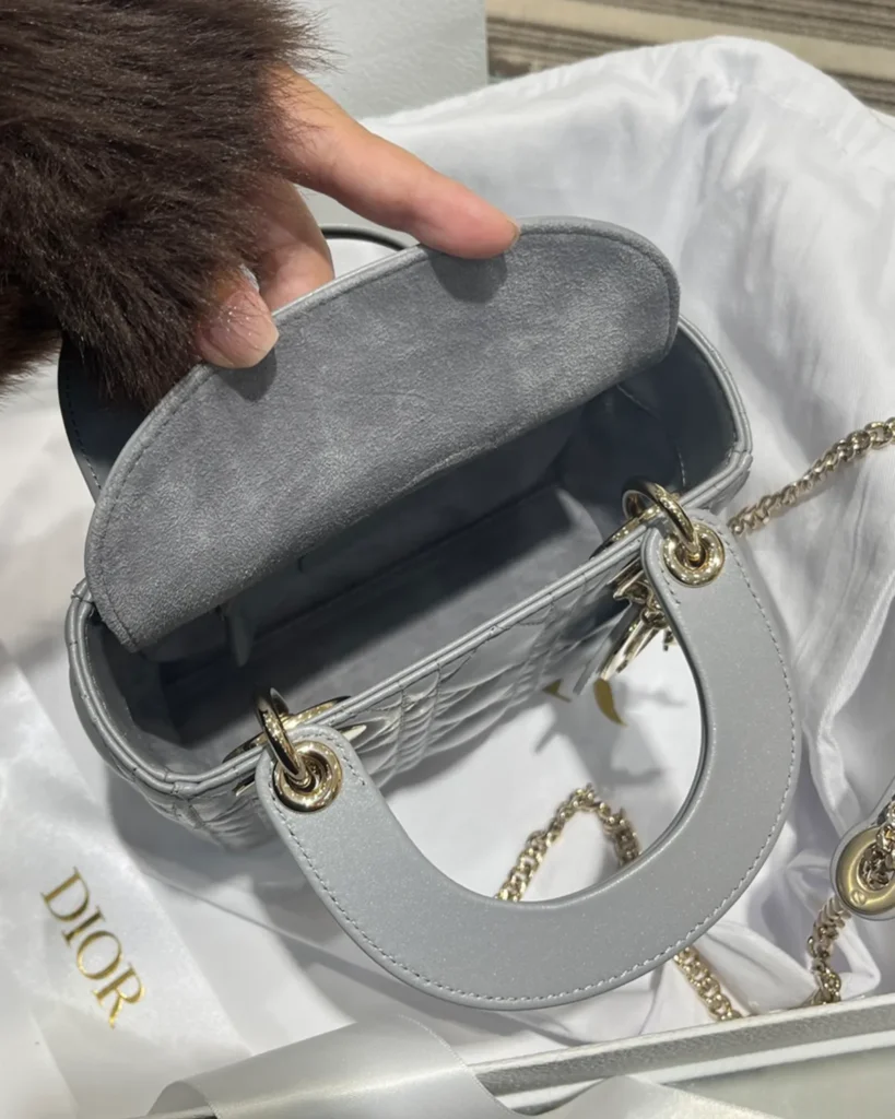 Pearlescent Gray Quilted Top Handle Bag — interior view