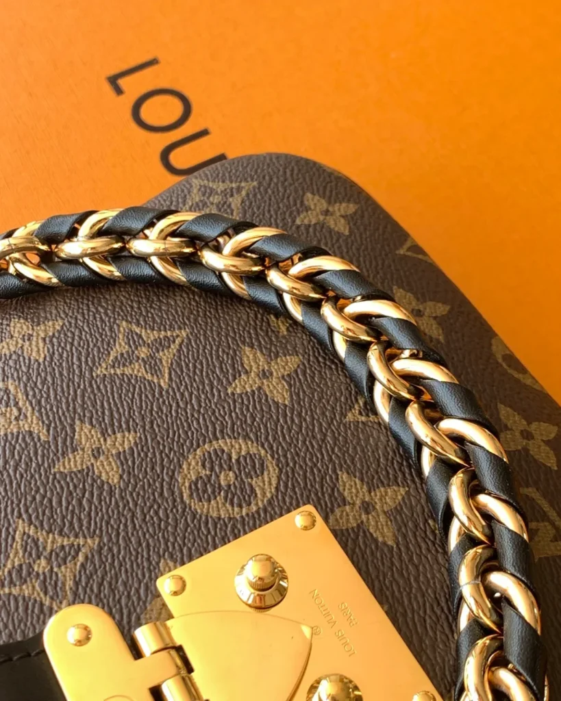 Brown Monogram Curved Shoulder Bag with Chain — chain view
