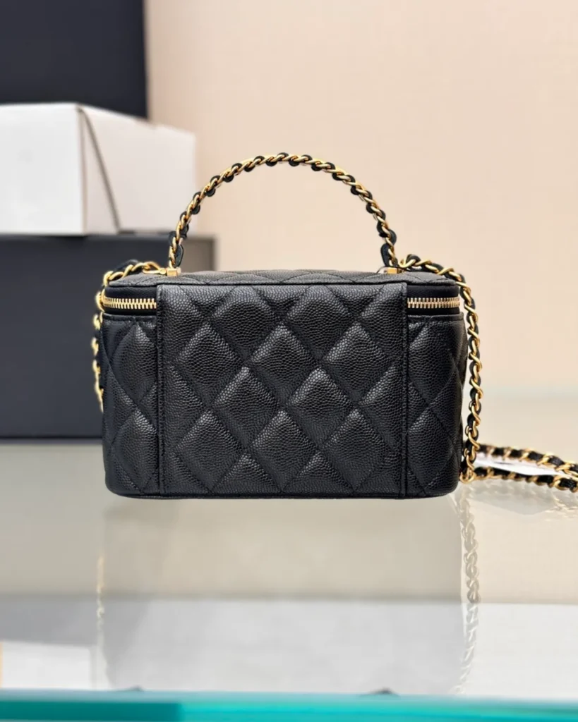 Black Quilted Chain-Handle Vanity Bag — rear view