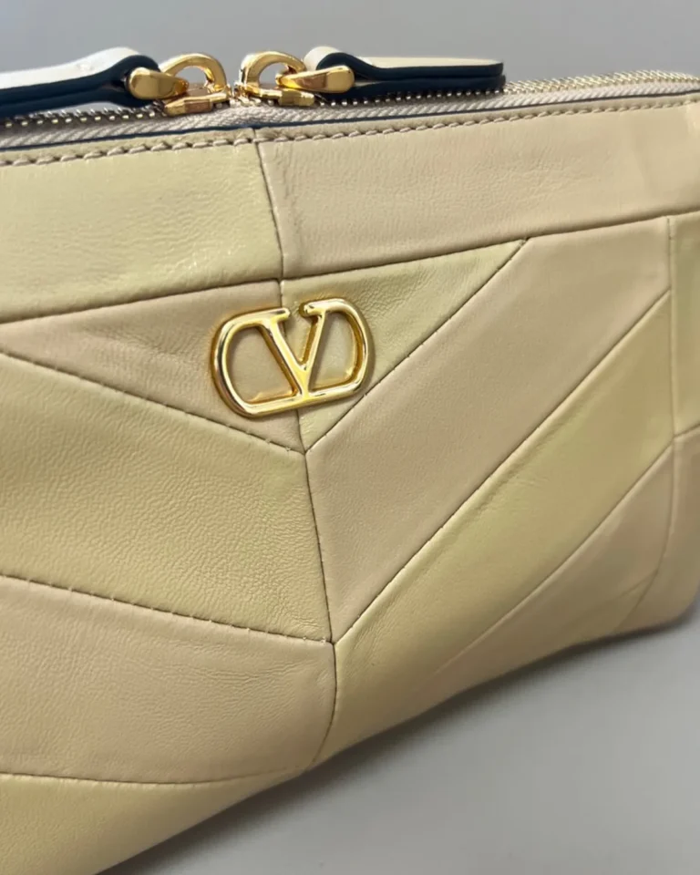 Beige Chevron Zip-Top Chain Bag — front detail view