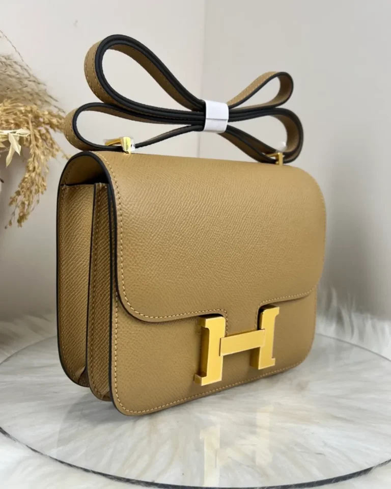 Kraft Tan constance-inspired mini 18 bag, front angle view