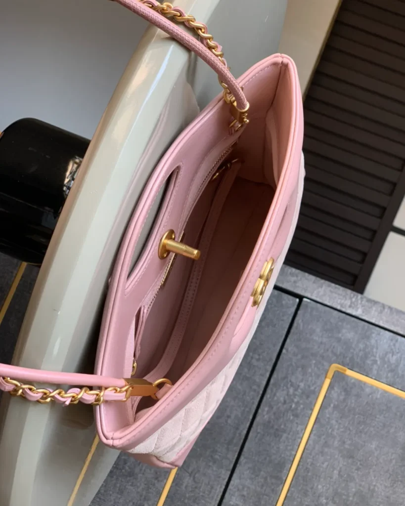 Pink Quilted Cutout-Handle Tote — open top view