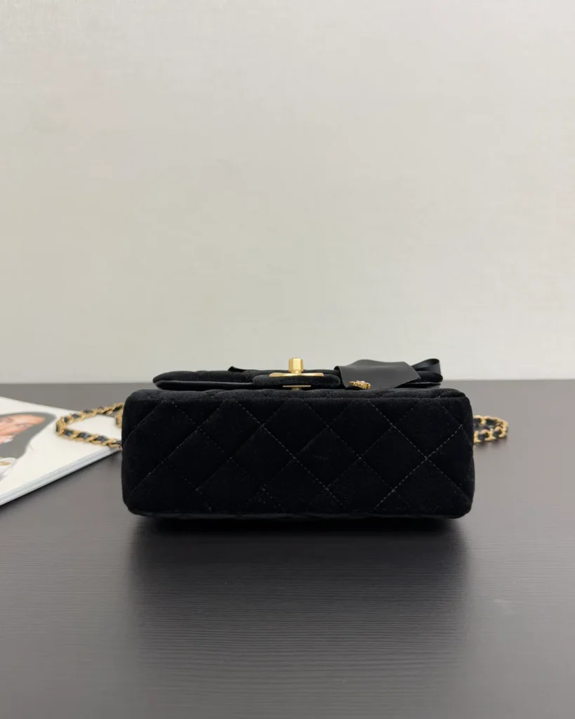 Black Bow-Detail Quilted Top-Handle Bag — base view