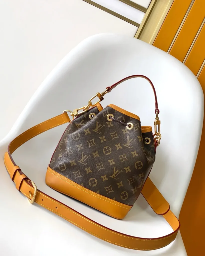 Brown Monogram Drawstring Bucket Bag with Front Pocket — rear view