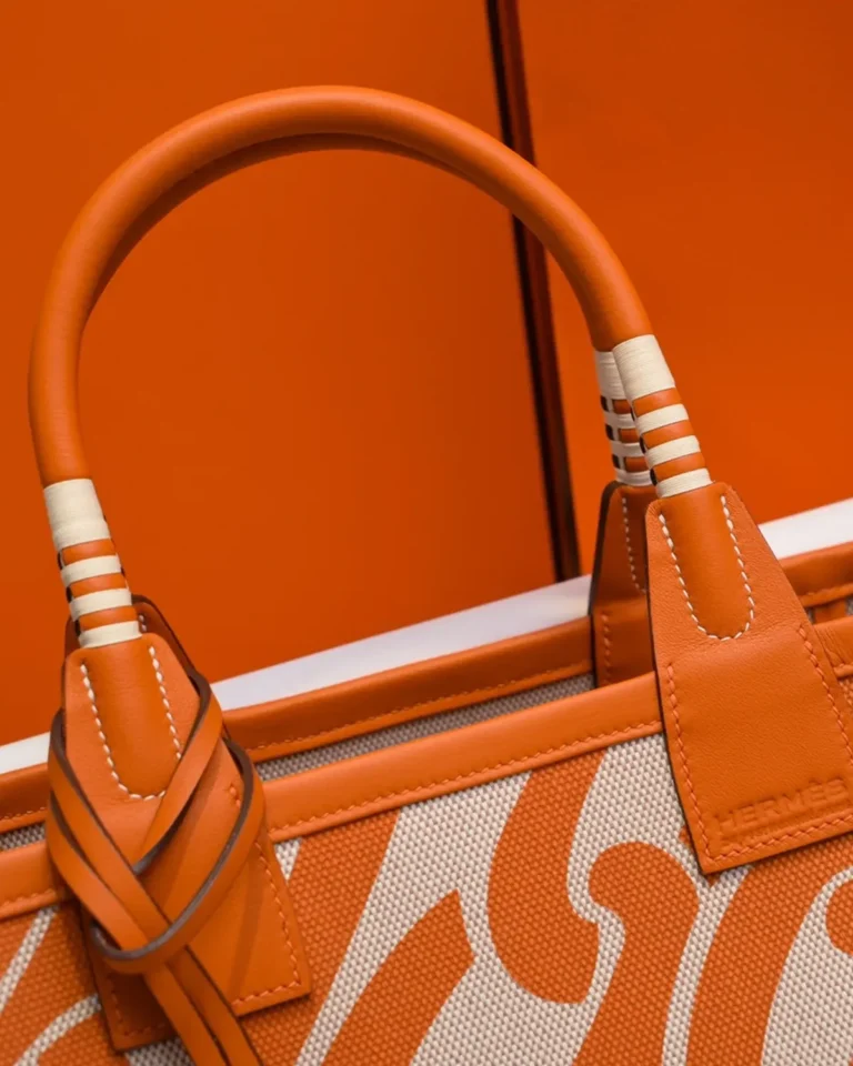 Steeple-Inspired Orange Patterned Canvas Tote, handle detail view
