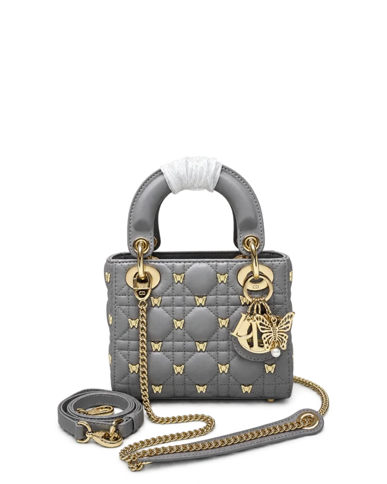Gray Butterfly Stud Quilted Top Handle Bag — upright front view