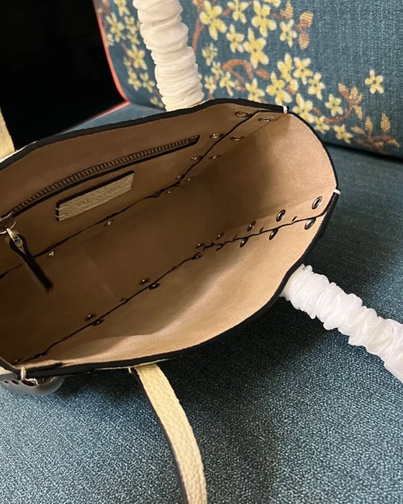 Cream Studded Long-Handle Tote — interior view