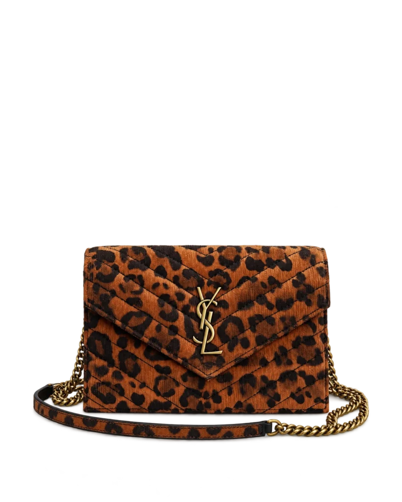 Leopard Print Envelope Chain Wallet — upright front view