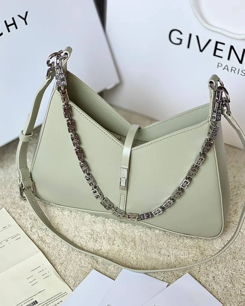 Pale Green V-Top Chain Shoulder Bag — front styled