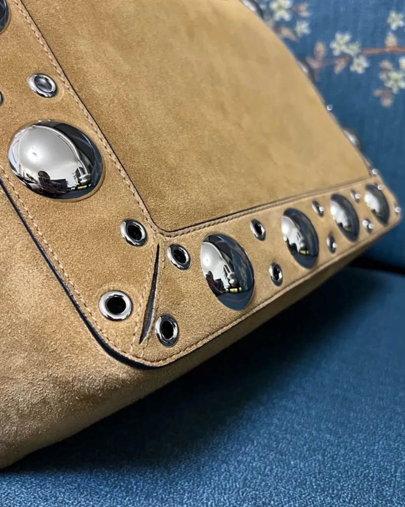 Brown Studded Long-Handle Tote — stud detail view