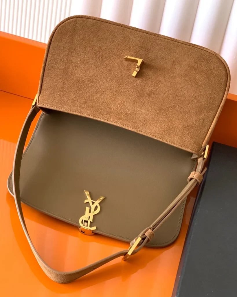 Tan Textured Curved-Flap Shoulder Bag — open flap view