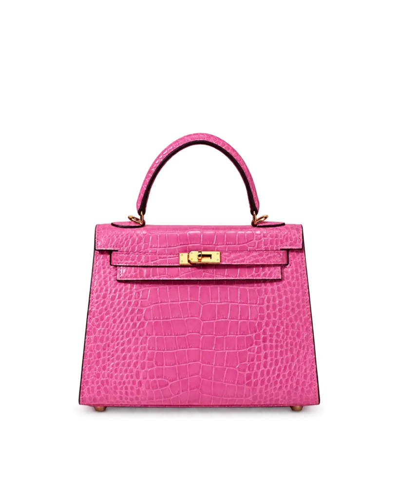 Kelly-Inspired Pink Croc-Pattern Top-Handle Bag, front with top handle