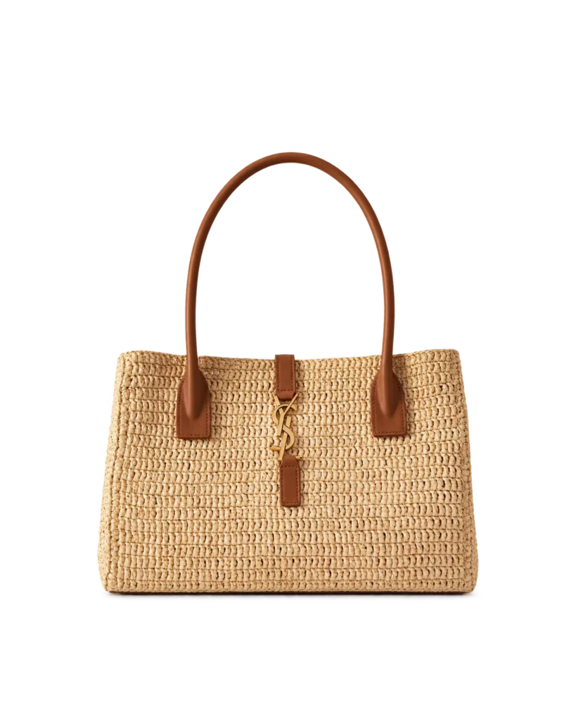 Natural-Tone Woven Tote with Brown Handles — front view