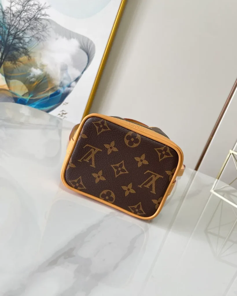 Brown Monogram Tan-Trim Drawstring Bucket Bag — base view