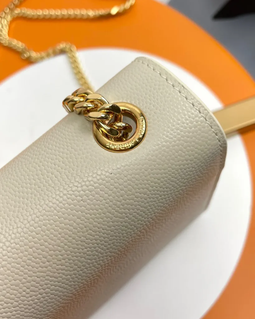 Cream Rectangular Chain Flap Bag — chain detail view